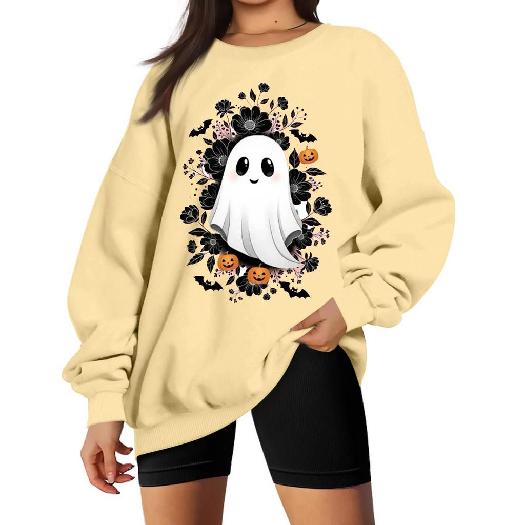 Women's Comfortable Casual Sweatshirt with Long Sleeve, Round Neck, Loose Fit, Small Halloween Print and Color Options