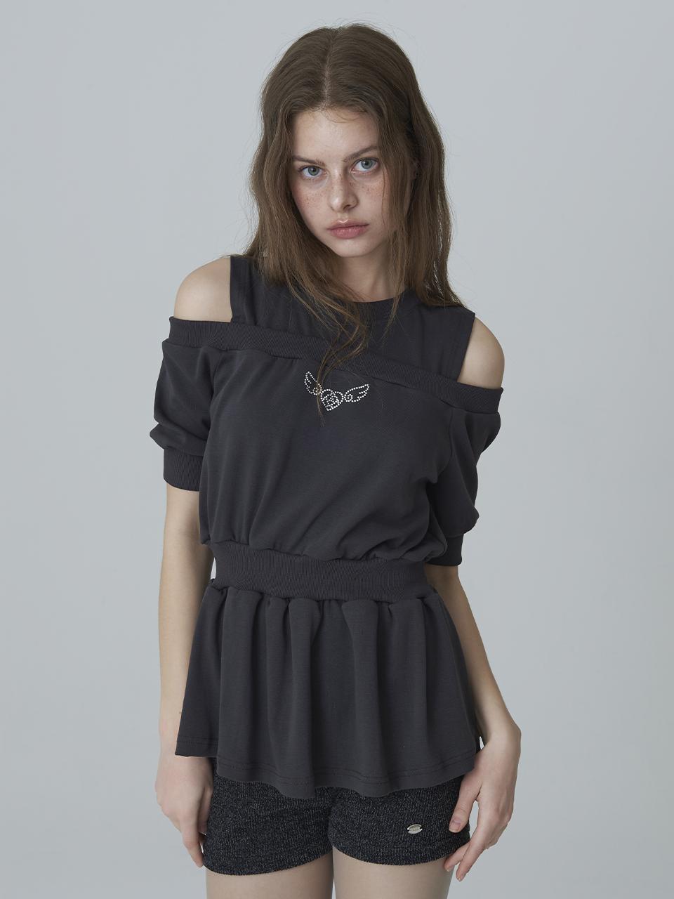 Adore Bell Off-Shoulder Angel Cubic T-Shirt - Charcoal Free