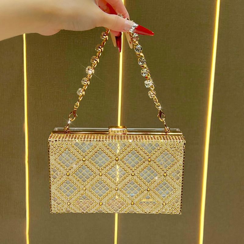 2026 Fashion Designer Women s Diamond Embedded Evening Box Bag Luxury Wedding Bride Handbag High End Party Dress Crossbody Bag золотой