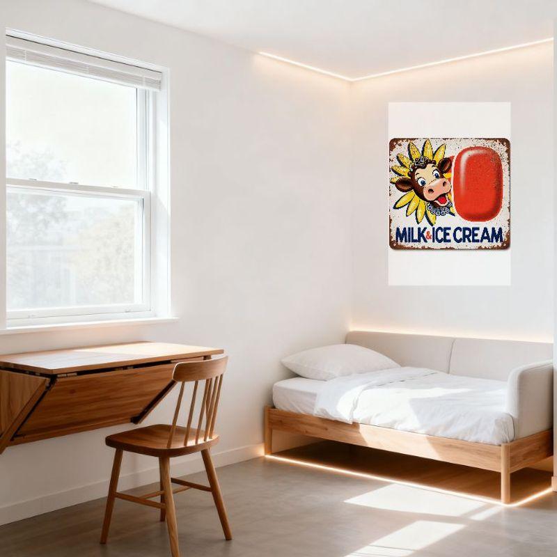 Vintage Metal Tin Sign with Cartoon Cow, Sunflowers, Milk & Ice Cream Text, Weathered Aged Appearance for Home Decor, Bar, Cafe,