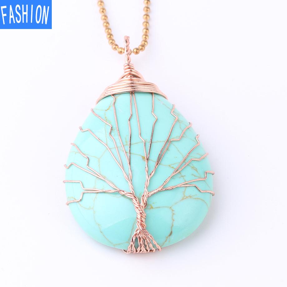 Große Roségold-Wassertropfen-Halskette mit gewundenem Anhänger, natürliche Kristall-Anhänger-Halskette, reiner handgefertigter Baum des Lebens