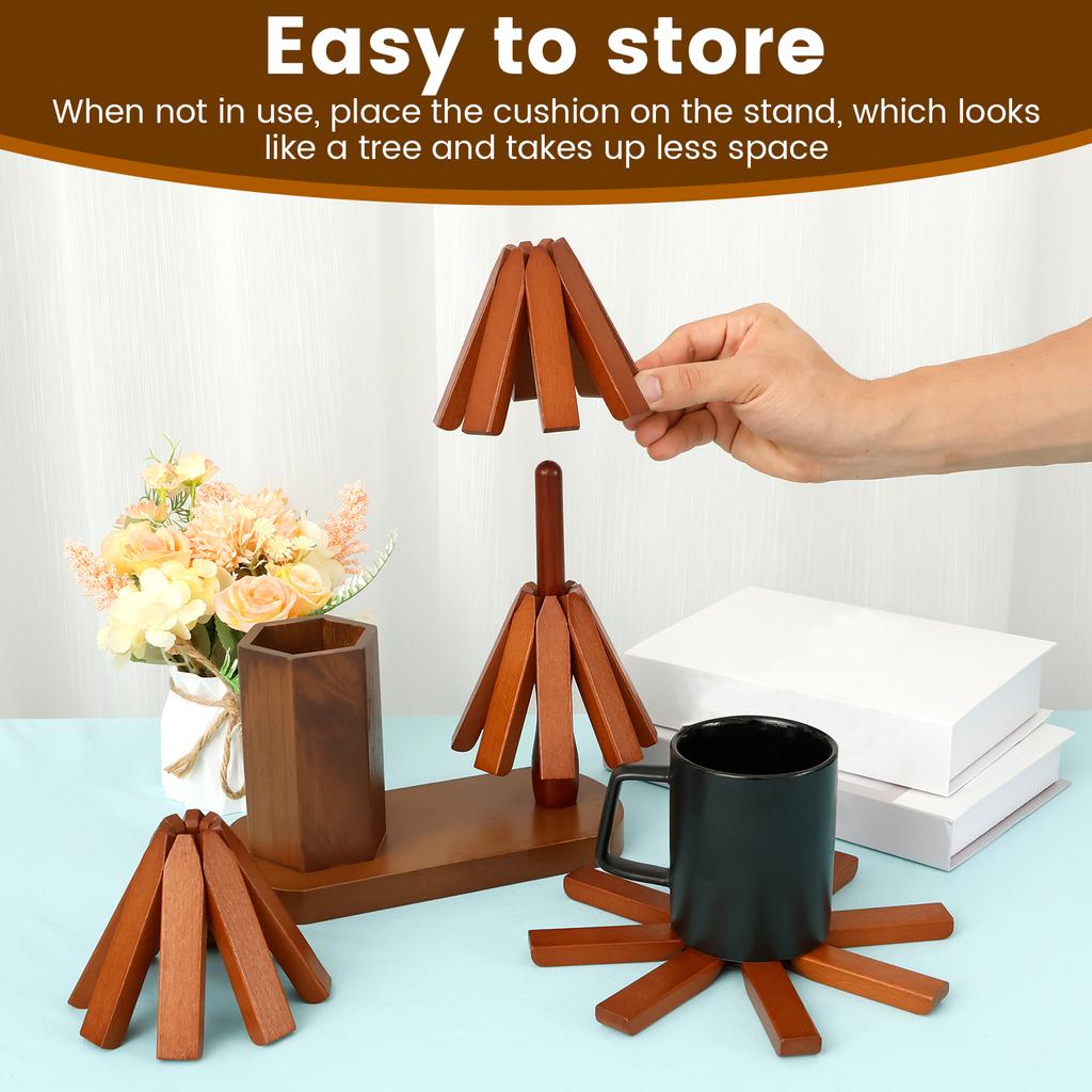 Tree Trivet Set Wooden Foldable Kitchen Trivet with Utensil Holder Heat Resistant Desktop Protective Pad for Hot Dishes Pot Bowl