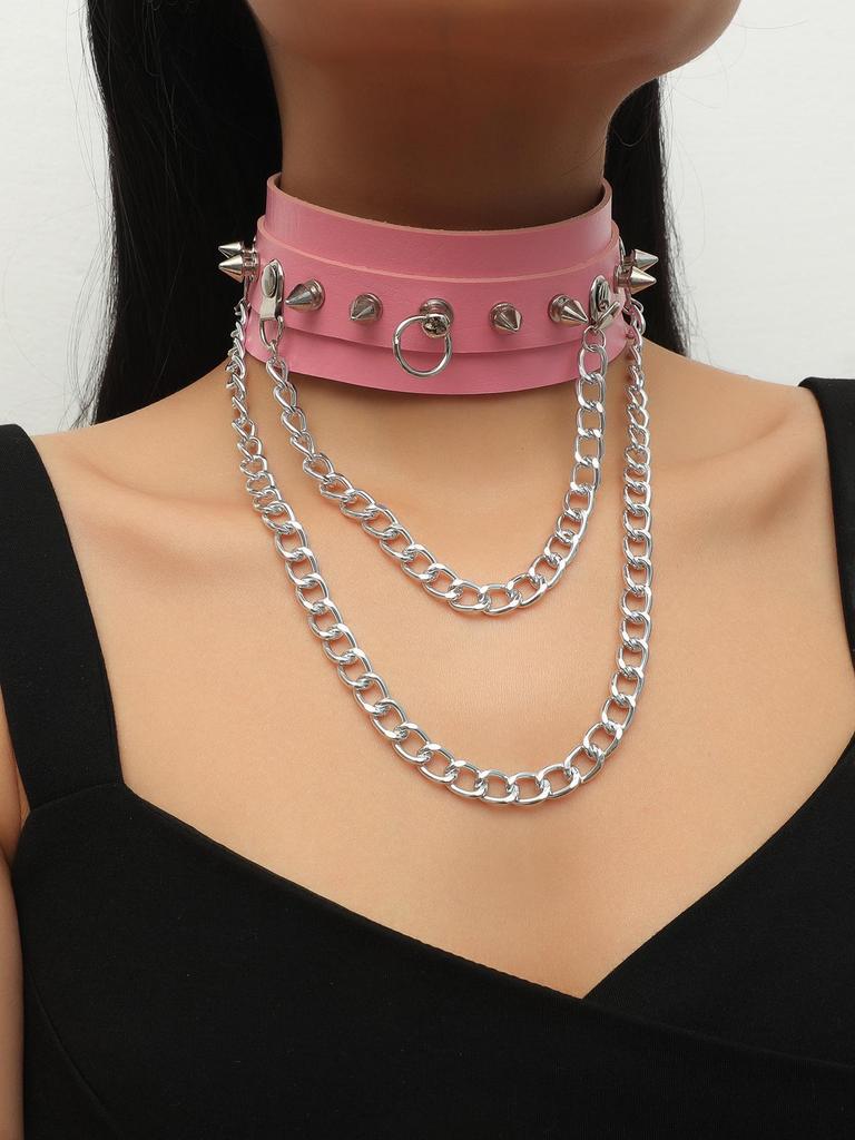 Punk Gothic Spike O-Ring Leather Choker & Metal Clavicle Chain