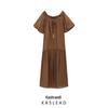 2025 Spring Women's Fashion Collared Short Sleeve Drawstring Long Dress