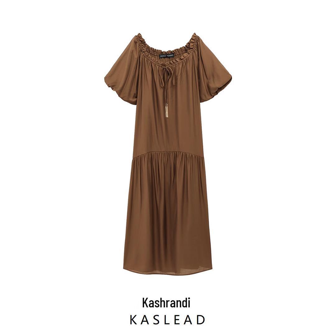 

2025 Spring Women s Fashion Collared Short Sleeve Drawstring Long Dress S