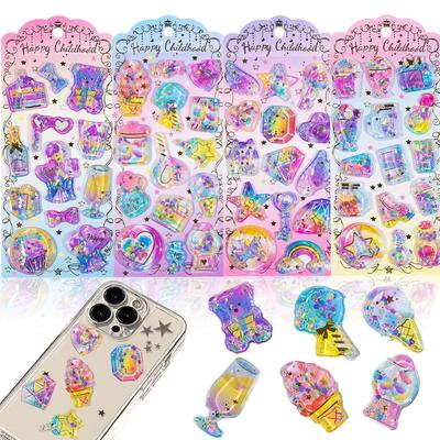 Set mit 4 3D-Wasseraufklebern mit glitzernden Tieren und Charakteren, perfekt für Wasser-Smartphones und DIY, perfekt als Geschenk für Kinder und Mädchen, A 4 Pailletten,