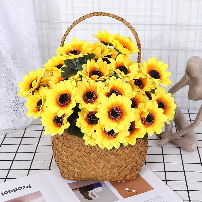 1 Bunch 7 Heads Artificial Sunflowers 29cm Shrubs Fake Flower Bouquet For Garden Bookstore Wedding Cafe Store Party Decor