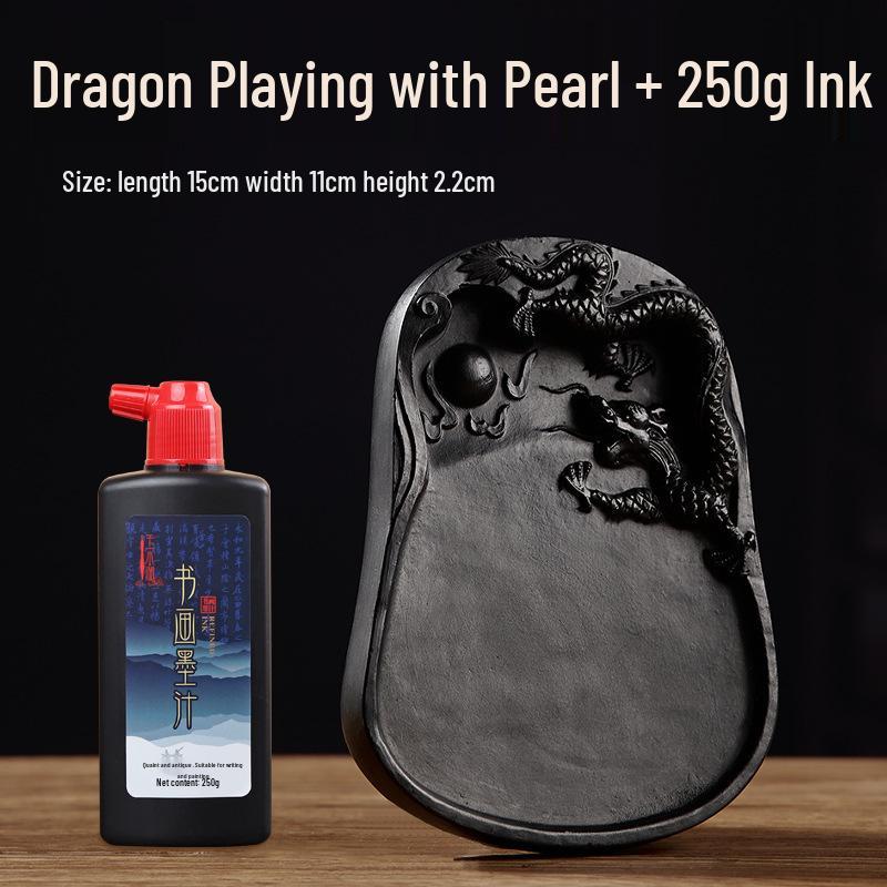 Chengni Inkstone Calligraphy Set: Natural Raw Stone Ink Stick, Duan & She Inkstones, Calligraphy Brush, and Ink Block for Grinding.