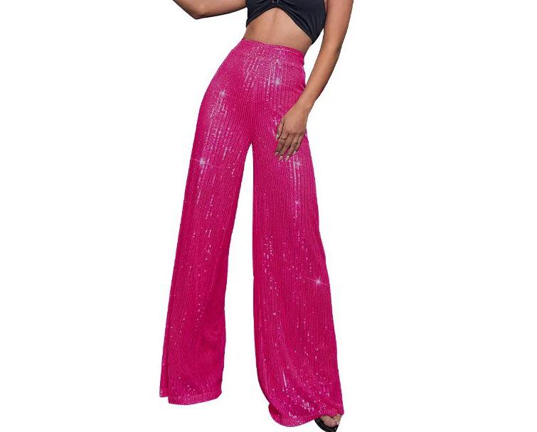 Pantaloni da Donna a Gamba Larga Lunghi Fino ai Piedi con Perle e Paillettes alla Moda 2025