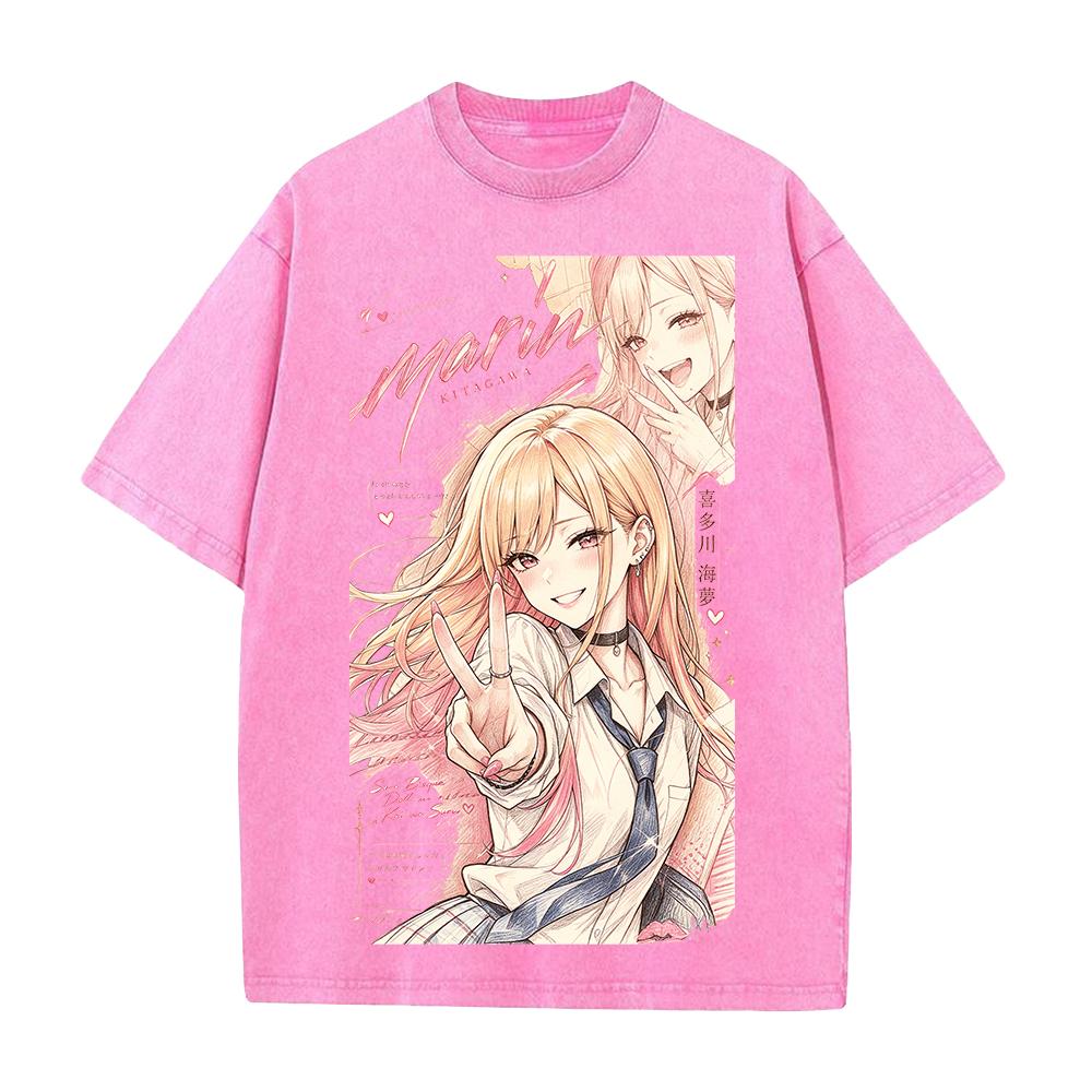Anime My Dress Up Darling Kitagawa Marin Printed Tee Men Women Short Sleeve Cotton Tshirts Washed Clothing Vintage Streetwear