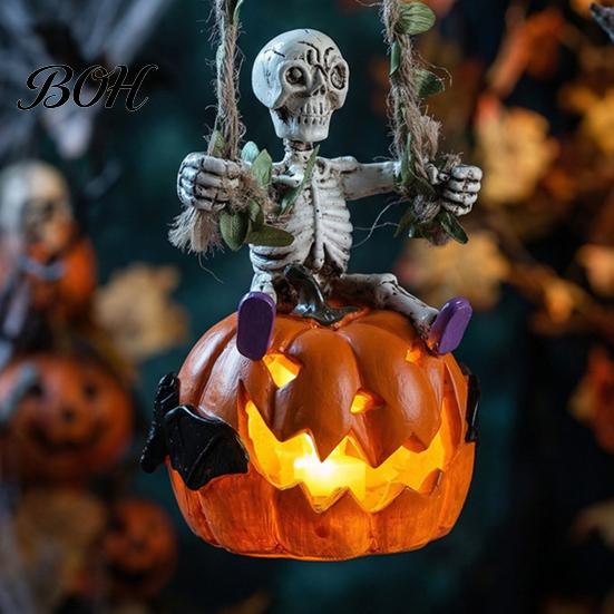 Halloween Skeleton Ornament Swing with Lighted Pumpkin, Light-up Ornament, Figurine Hanging Statue for Indoor Front Porch Decor Resin Bone