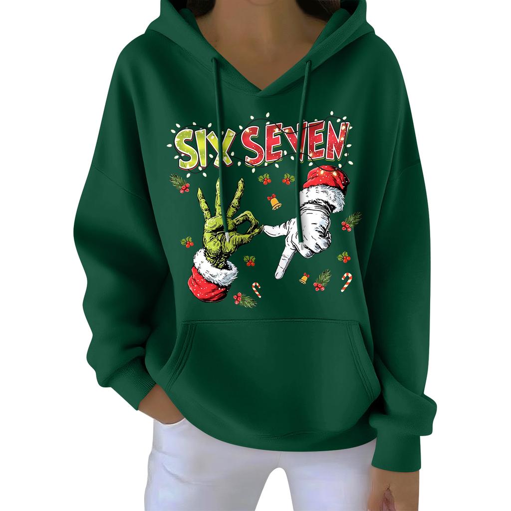 Damenmode Damen Leichter Langarmpullover mit Taschen Preppy Graphic Hoodie