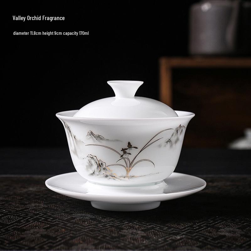 Ice Type White Porcelain Yuanbao Gaiwan Tea Set - Large Peony Flower Design