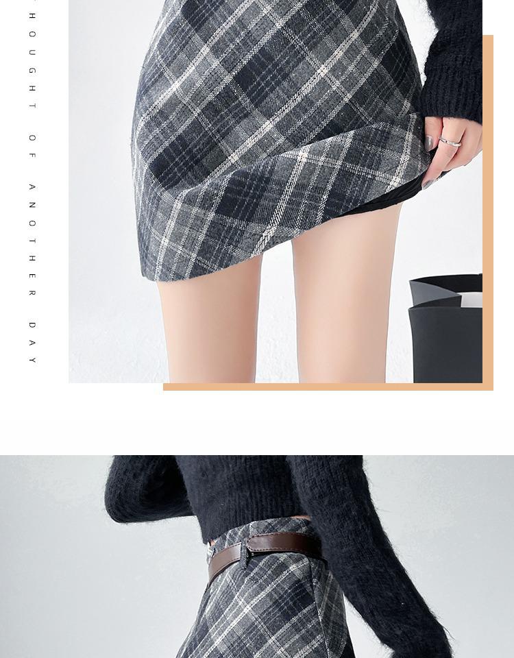 Women's High Waist Plaid Wool A-Line Skirt - Retro Style for Spring and Autumn