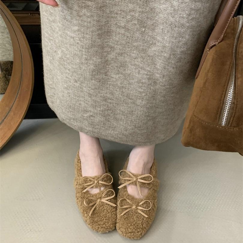 2025 winter height increase of 4cm single shoes warm and plush round bow fluffy shoes