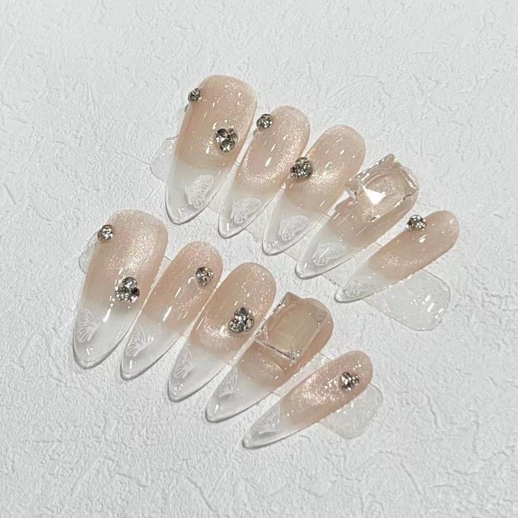 Fingertip Butterfly Wear Nail Handmade Fake Nail Patch French Nude Cat Eye Butterfly Manicure Finished Product