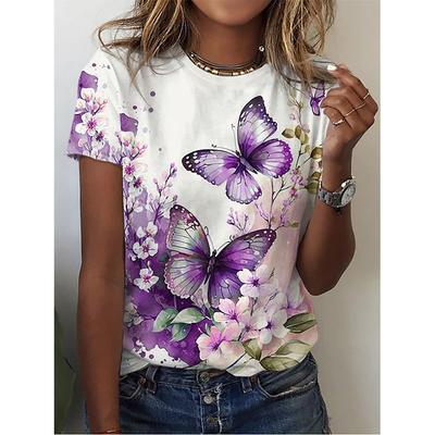 Damen T-Shirt Neues O-Ausschnitt 3D Schmetterlingsprint T-Shirt Sommer Mode Kurzarm Oberteile Übergroßes Sommer Top Damenbekleidung