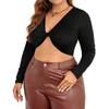 European and American large-size women's clothing, black long-sleeved tight-fitting, sexy and chic short open-button bottomed shirt and top.