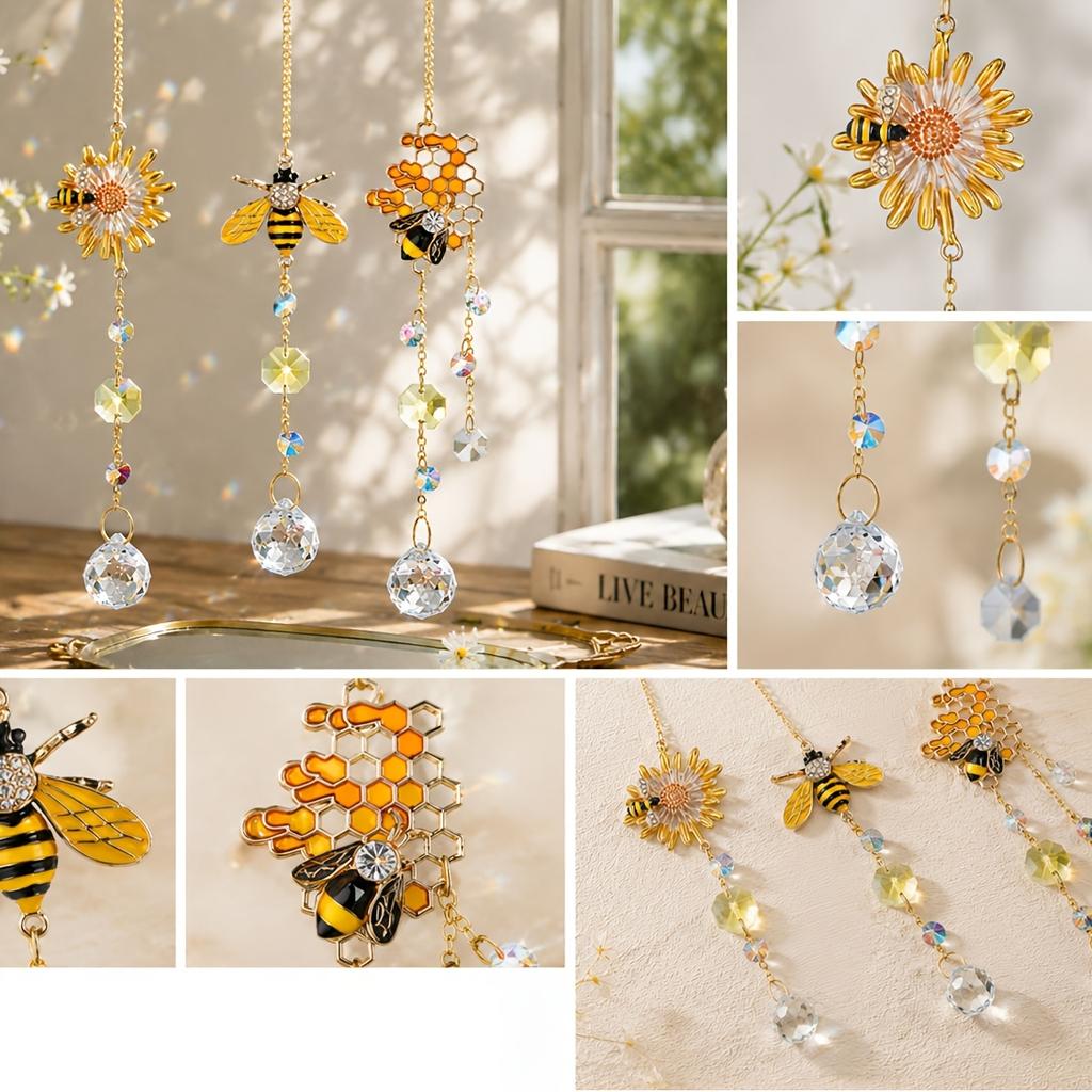 Hanging Crystal Suncatcher Bee Daisy Honeycomb Ornament Crystal Prism Rainbow Maker Window Garden Decorative Holiday Present