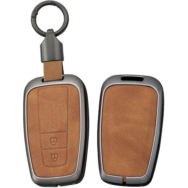 SANRILY Metal Leather 3 Button Key Fob Cover Case Fit for Toyota C-HR Prius Corolla Highlander Camry RAV4 Avalon Keyless Key Holder with Short