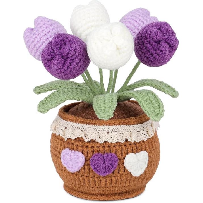 Handmade Potted Crochet Tulip Bouquet, Blush Pink Crocheted Tulips Hand Woven Flowers Knitted Flowers in Exquisite Pot Gift for Women Friends Kids