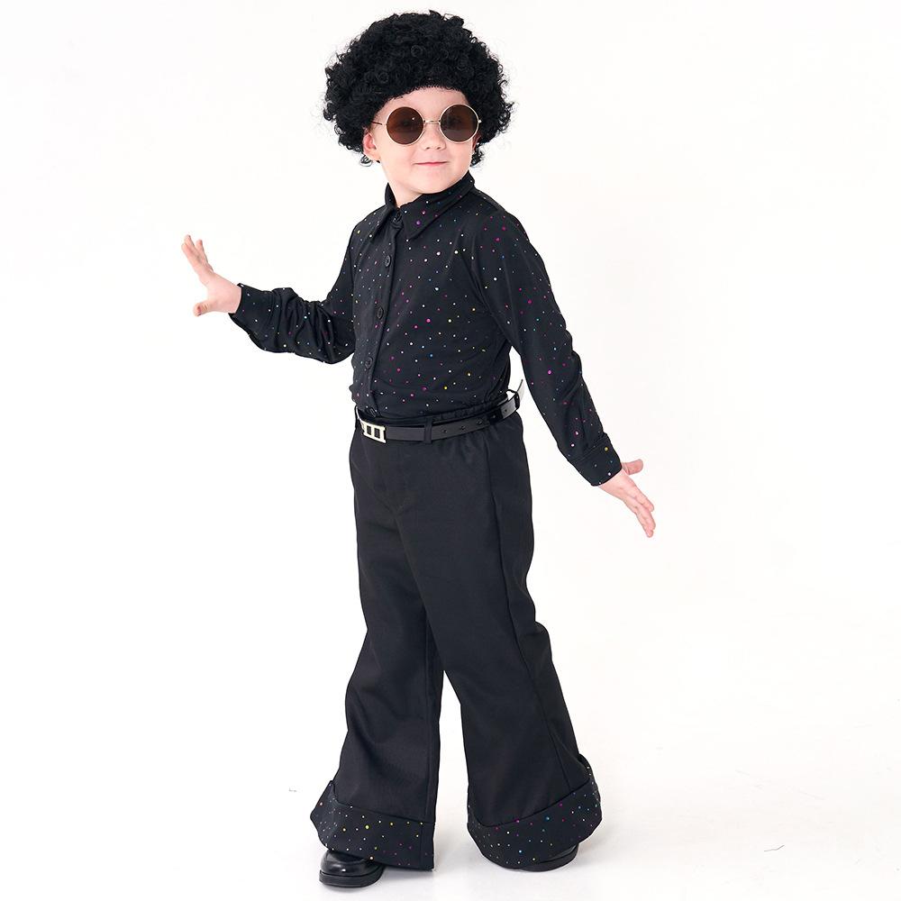 Kids Boys Retro 70s Disco Sequins Singer Model Show Top Pants Wig Set Children Halloween Cosplay Costumes Role Play Outfit