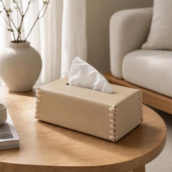 PU Leather Tissue Holder, with Hand-stitched Edges Design, Modern Style Smooth Paper Extraction Tissue Case for Home Office