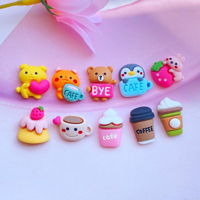 10Pcs New Mixed Lovely Cartoon Animals / Drinks Flat Back Resin Scrapbooking DIY Jewelry Craft Decoration Accessories