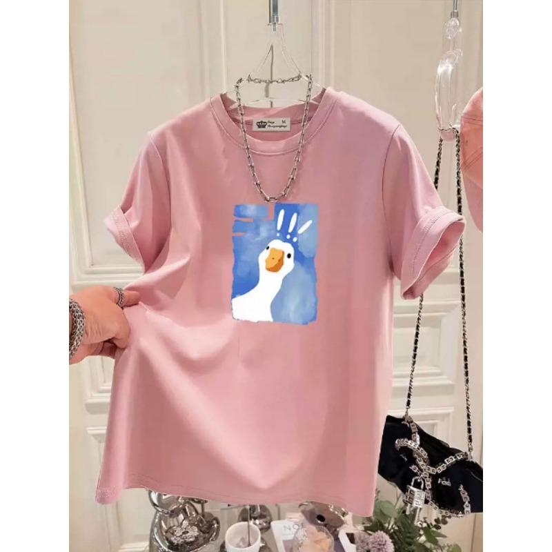 Cartoon Printed Short-sleeved T-shirt for Women In Summer New Fashionable Age-reducing Large-shoulder Pure Cotton Top