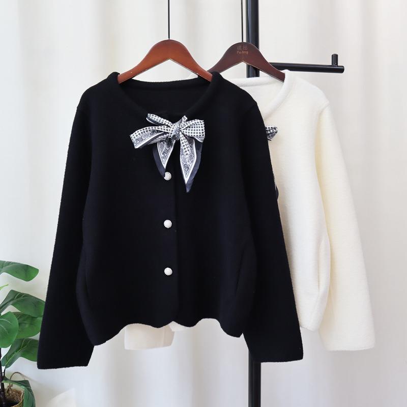 Autumn and Winter New Silk Scarf Lace-up Knitted Double-sided Woolen Cardigan Temperament High-end Sweater Jacket Women