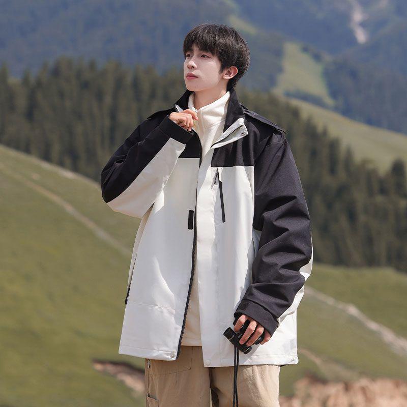 Men's Three-in-One Windproof Waterproof Hooded Mountaineering Jacket - Autumn/Winter Detachable with Plus Velvet