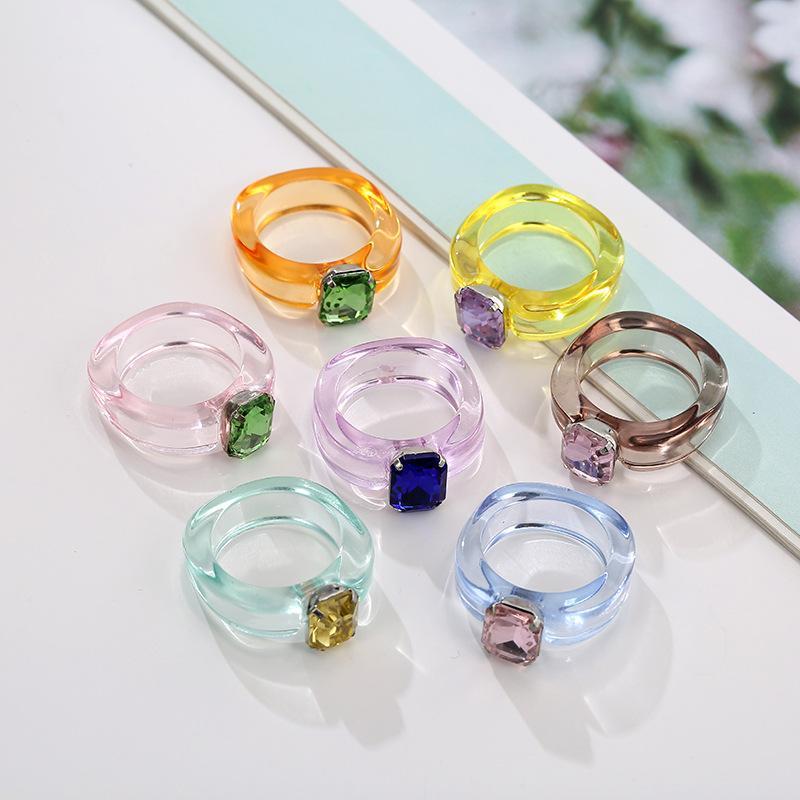 Chunky Resin Rings Candy Colored Transparent Square Rhinestone Inlay Comfortable Fit Fashion Jewelry for Girlfriend Gift