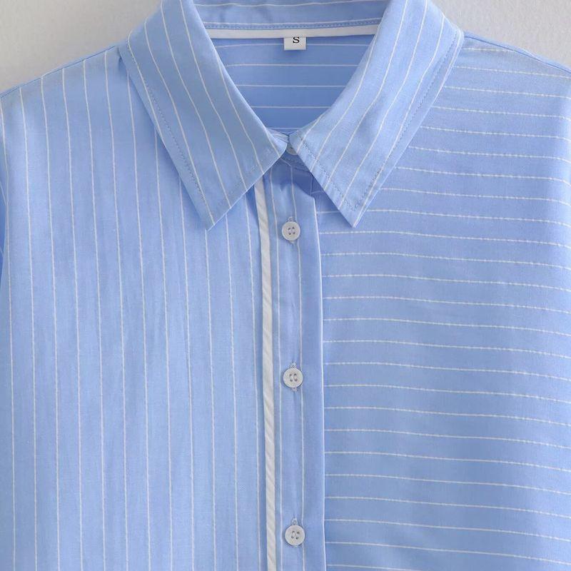Kaslead New Arrival Women's Clothing Fashion Style Fashion Contrast Color Long Sleeves Stripes Short Shirt Casual Shorts