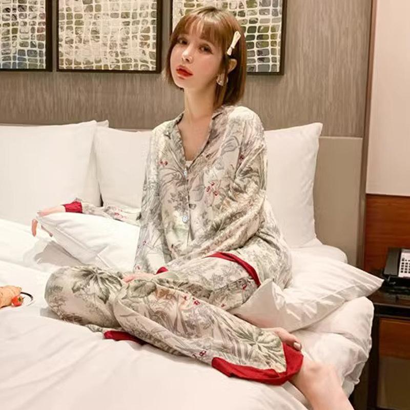 Spring And Summer High-End Sweet Mori Floral Ice Silk Long-Sleeved Pajamas Women'S Loungewear Set
