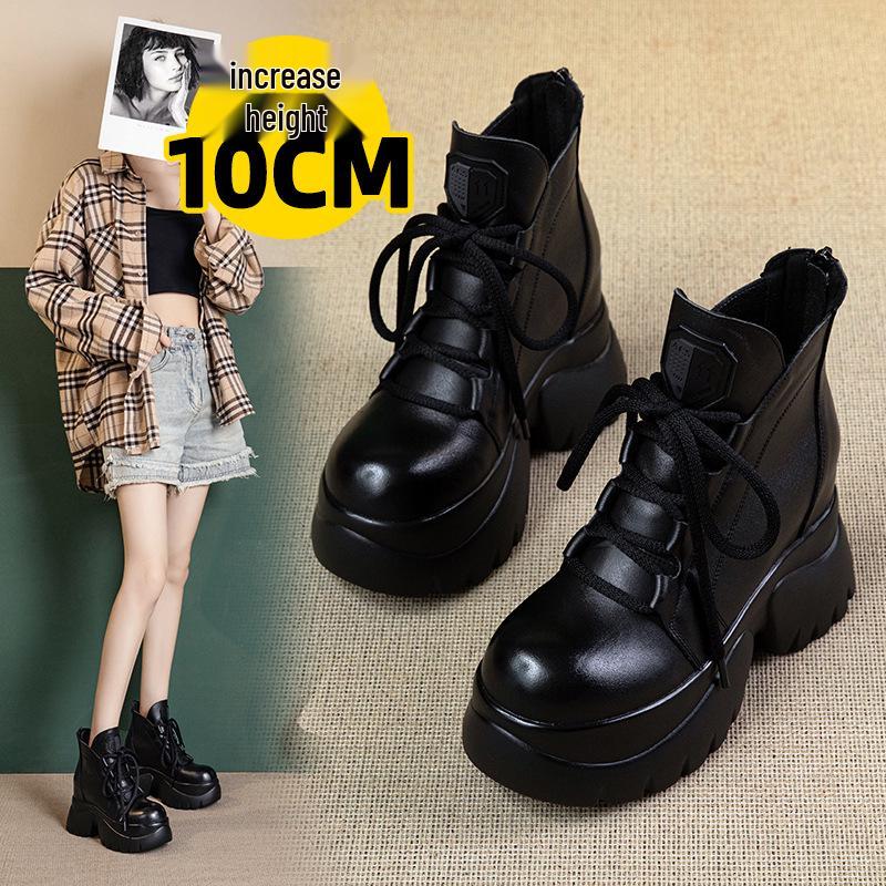 

Women’s Thick-Soled Genuine Leather Martin Boots, Hidden Heel, New 2025 Autumn British Style for Short Women 37