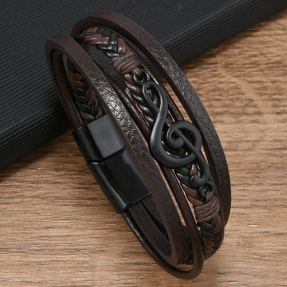 

Hip-hop Rock Jewelry Bracelets Bangles Fashion Guitar PU Leather Bracelet For Men 21cm коричневий