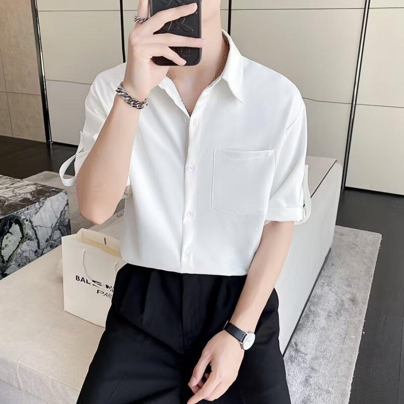 Mens Casual Loose Solid Thin Ice Silk Short Sleeve Shirt
