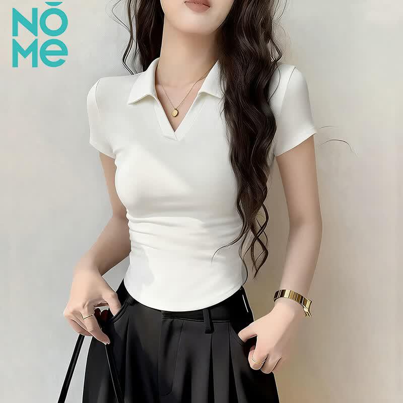 NOM Women's Polo V-Neck Slim Fit Short Sleeve T-Shirt