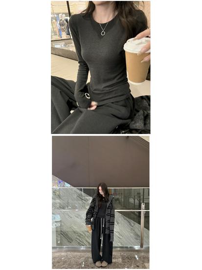 Superniniyy Brushed Long-Sleeve Slim Fit Tee – Stretchy Round Neck Base Layer Top