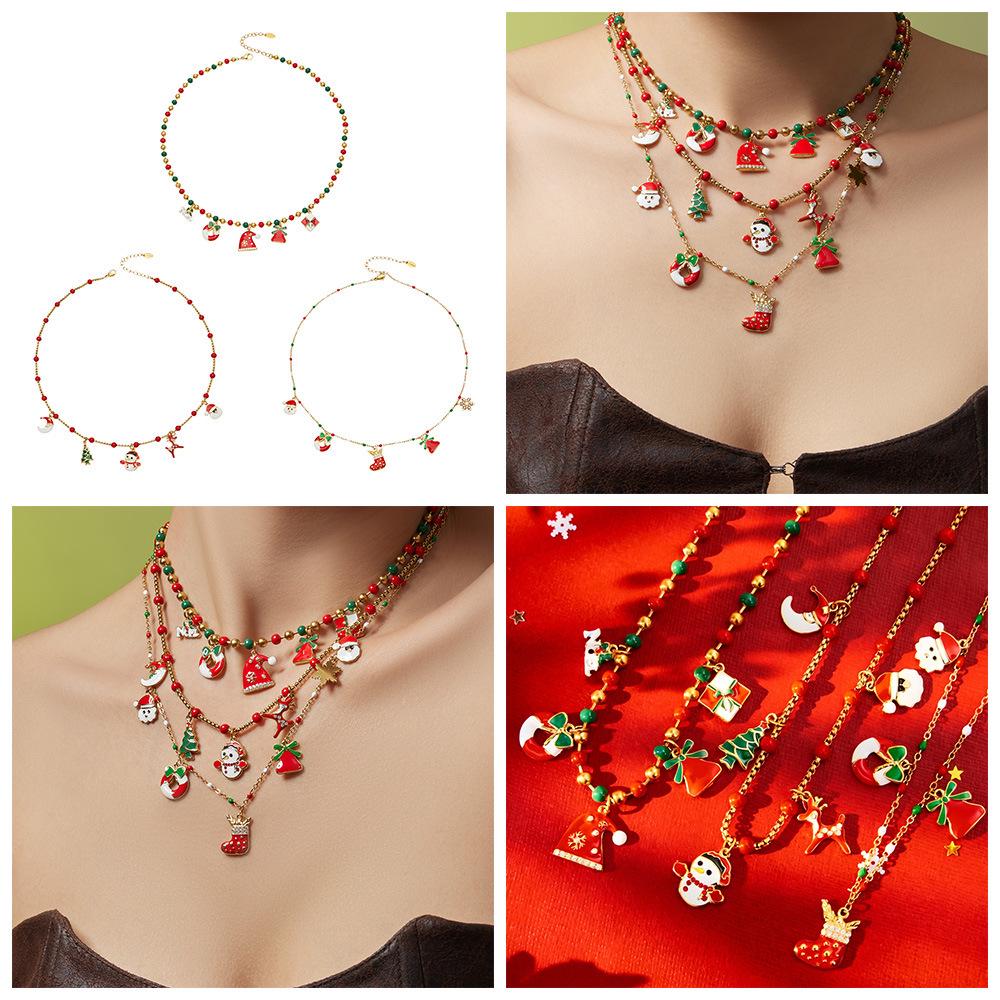 Santa Claus Stainless Steel Pendant Necklace with Drip Oil Beads for Women – European & American Christmas Style