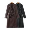 Womens Long PU Leather Trench Coat Winter Casual Chic Oversized Outerwear Black Brown