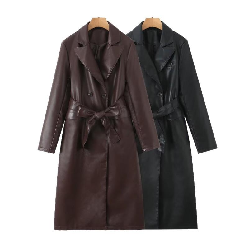 Womens Long PU Leather Trench Coat Winter Casual Chic Oversized Outerwear Black Brown
