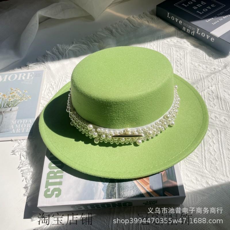 White Pearl Flat Top Woolen Top Hat Female Autumn and Winter British Retro Socialite Elegant French Wide Brim
