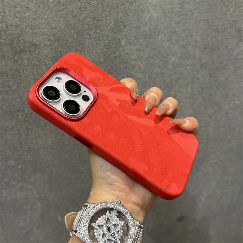 Camouflage Leather Magsafe Case for Iphone 13 14 15pro 12 13Pro 14pro Max Plating Lens Matte Wireless Charging Shockproof Cover