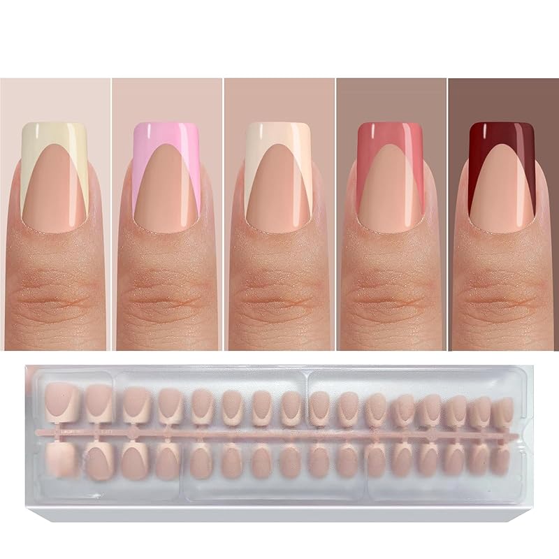 Deep French Tip Press on Nails,Multicolo French Press On Nails Short Square,No Need to File 4 in 1 Gel Nail Tips Pre-lasting,Soak off False Nail Tips B1 Short Square Deep Skin