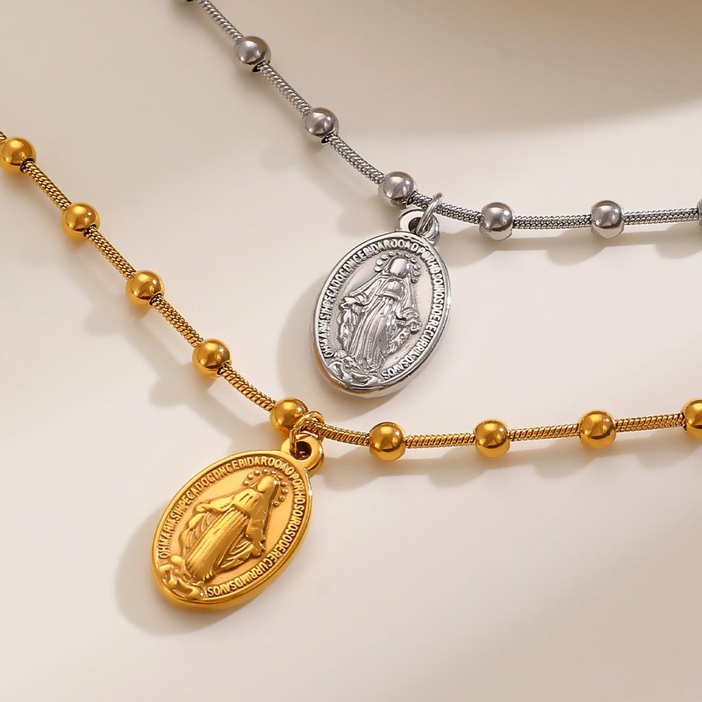 Ladies Virgin Mary is Cross Oval Stainless Steel Pendant, Bead Chain Ladies Bracelet Wholesale