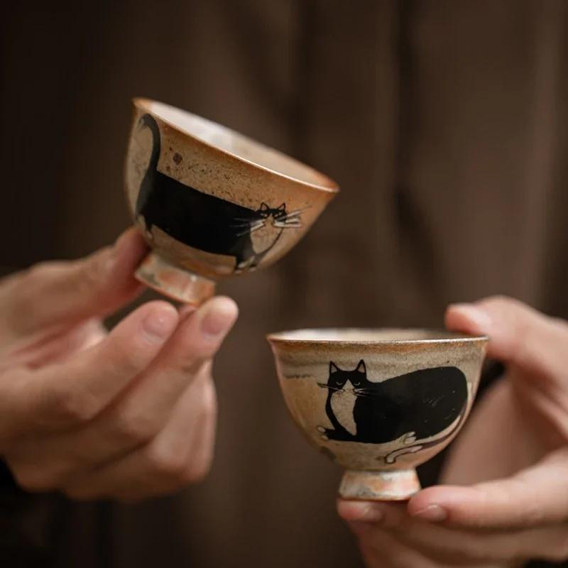 Handmade Japanese Vintage Ceramic Kiln Change Wild Cat Tea Cup Small Kung Fu Master Single Cup For Tea Ceremony Daily Use Lovers
