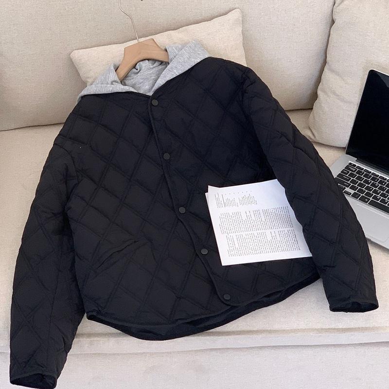 New Splicing Rhombus Jacket Cotton Dress Casual Removable Hooded Loose Autumn and Winter Line Fake Two-piece Coat Black