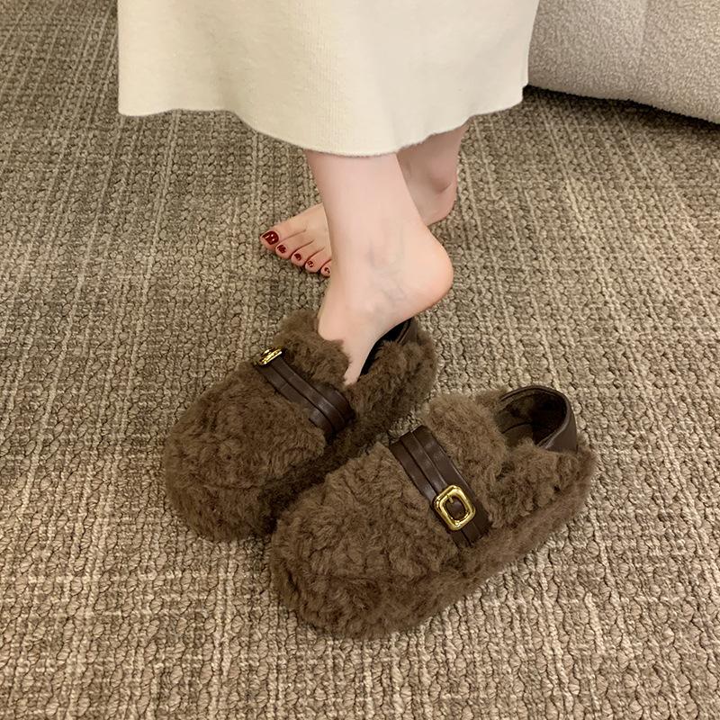 Fluffy Warm Fluffy Shoes for Women's 2025 New Winter Thick-soled Belt Buckle, Fleece Warm One-pedal Cotton Shoes