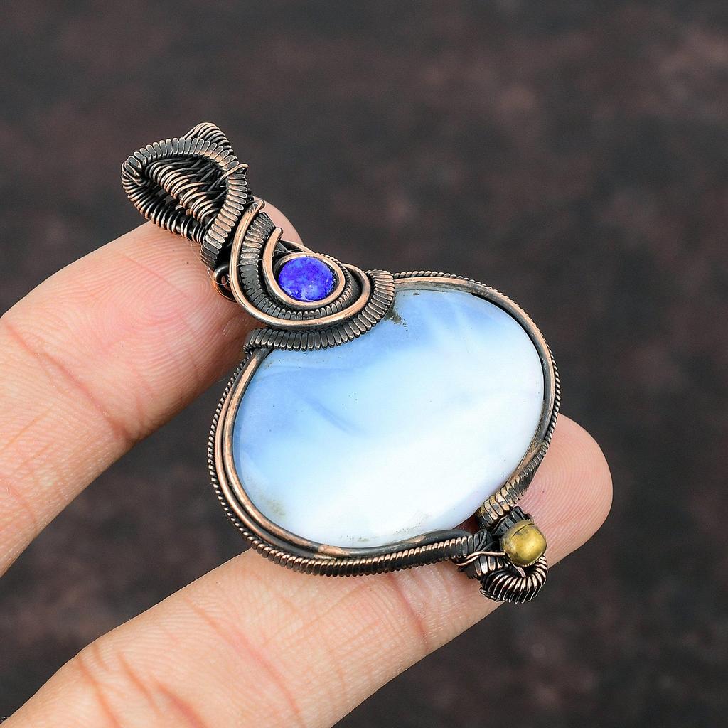 Pingente de opala azul Owyhee, pingente de fio de cobre enrolado, pingente de pedra preciosa feito à mão, presente para mãe, pingente de lápis-lazúli, joias de fio de cobre enrolado